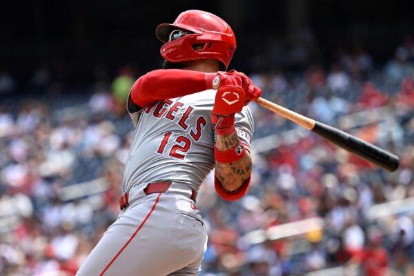 The Angels' Kevin Pillar belts a three run double against the Nationals in Washington on Aug. 11, 2024, (John McDonnell/AP Photo)