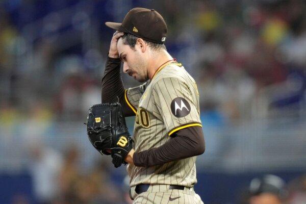 Padres pitcher Dylan Cease endures a rough start against the Marlins in Miami on Aug. 11, 2024. (Lynne Sladky/AP Photo)