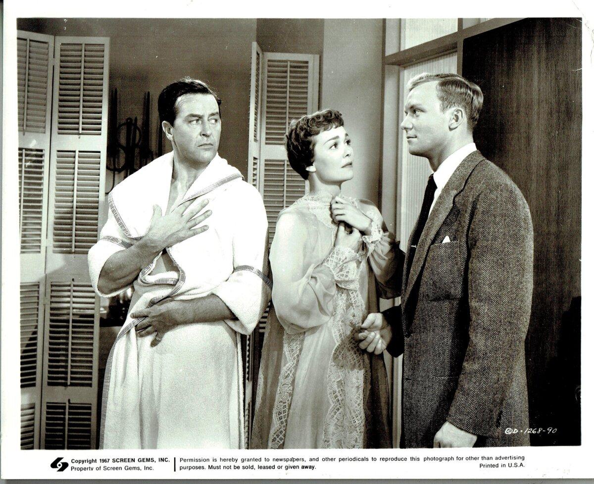 (L–R) Gary Stuart (Ray Milland), Connie Stuart (Jane Wyman), and Frank McGraw (Aldo Ray), in “Let’s Do It Again.” (Columbia Pictures)