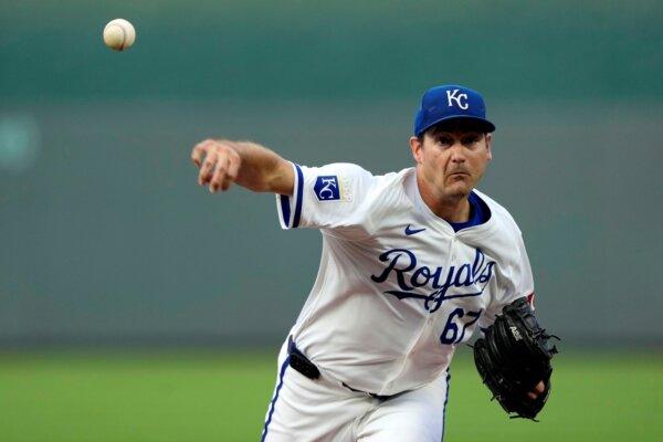 Royals pitcher Seth Lugo works against the Angels in Kansas City, Mo., on Aug. 19, 2024. (Charlie Riedel/AP Photo)