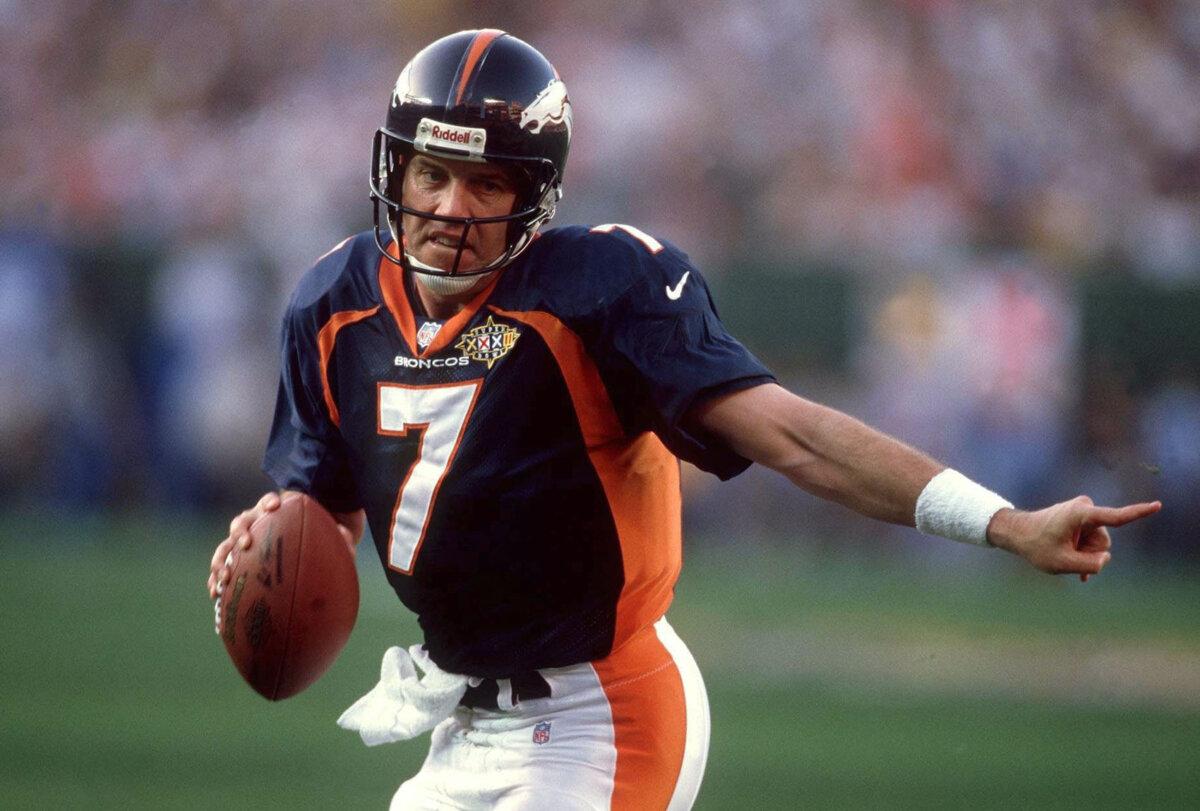 John Elway, quarterback with Denver Broncos, playing in the Super Bowl XXXII match against the Green Bay Pakers in San Diego on Jan. 25, 1998. (Lutz Bongarts/Bongarts/Getty Images)