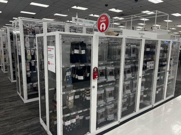 Socks and underwear locked behind glass doors in the Target store in Colma, Calif., on Aug. 20, 2024. (Dylan Morgan/The Epoch Times)