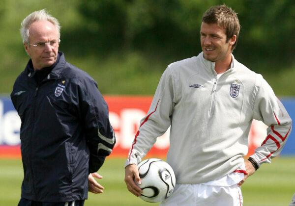 England's manager Sven-Goran Eriksson, left and player David Beckham are photographed during a training session, in Manchester, England, on June 1, 2006. (Martin Rickett/PA via AP)