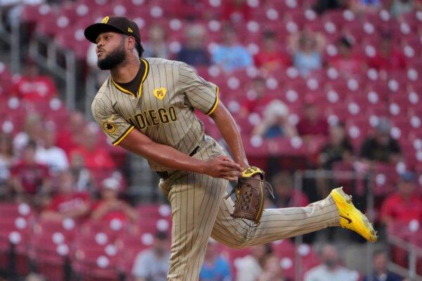 Padres starting pitcher Randy Vasquez throws against the Cardinals in St. Louis on Aug. 26, 2024. (Jeff Roberson/AP Photo)