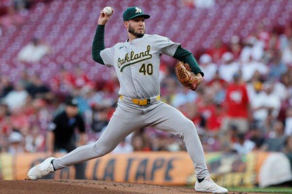 A's reliever Michel Otanez picks up his first major-league victory against the Reds in Cincinnati on Aug. 27, 2024. (Jay LaPrete/AP Photo)