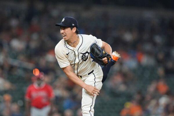 Tigers pitcher Kenta Maeda works against the Angels in Detroit on Aug. 28, 2024. (Carlos Osorio/AP Photo)