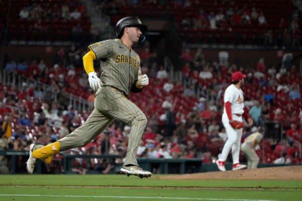 Kyle Higashioka of the Padres rounds the bases after hitting a home run against the Cardinals in St. Louis on Aug. 28, 2024. (Jeff Roberson/AP Photo)