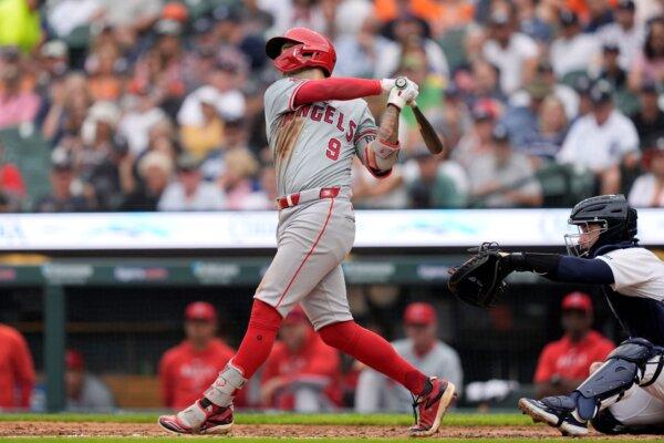 Zach Neto of the Angels connects for a two-run home run against the Tigers in Detroit on Aug. 29, 2024. (Carlos Osorio/AP Photo)