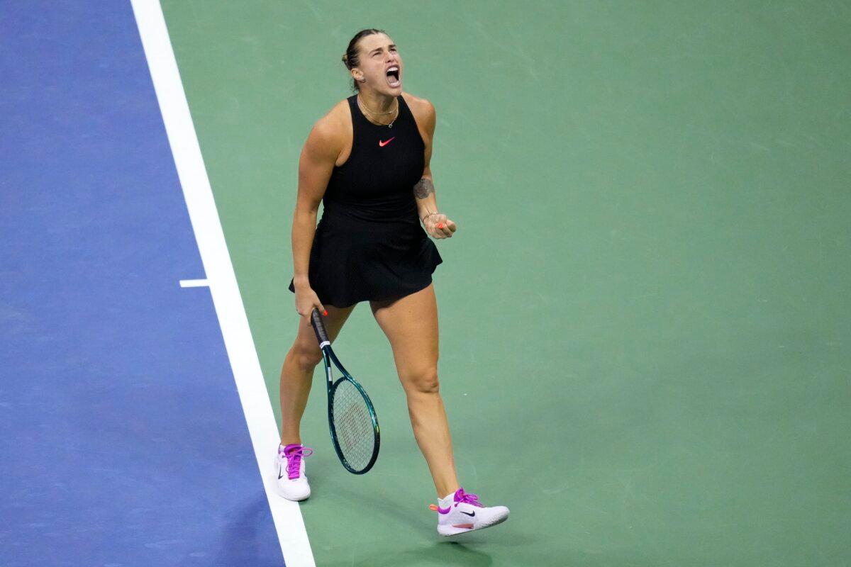 Aryna Sabalenka, of Belarus, reacts against Emma Navarro, of the United States, during the women's singles semifinals of the U.S. Open tennis championships, in New York, on Sept. 5, 2024. (Kirsty Wigglesworth/AP Photo)
