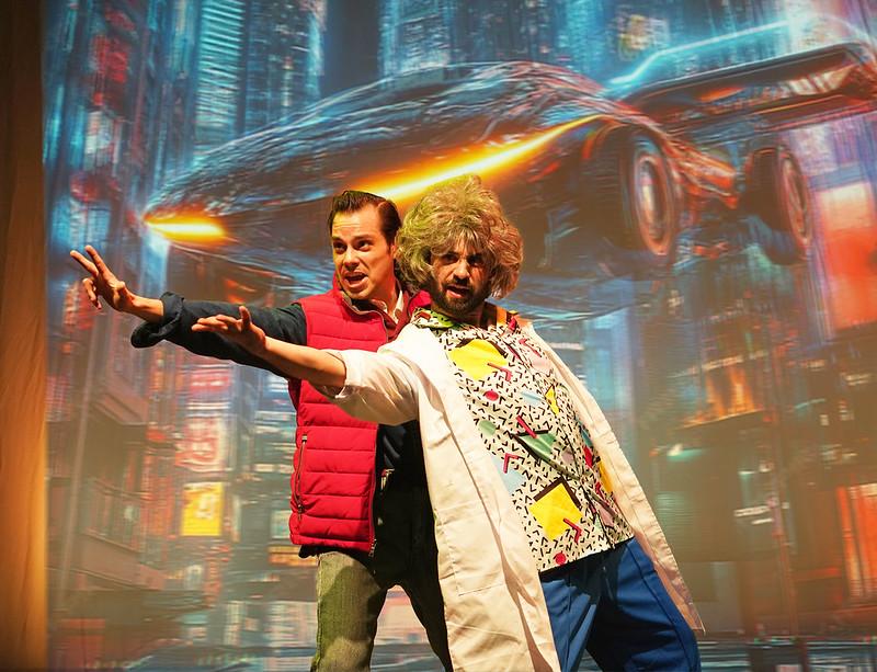 Danny Hayward (L) and Chris Collins-Pisano are characters from "Back to the Future" in the production of "Forbidden Broadway: Merrily We Stole a Song." (Carol Rosegg)