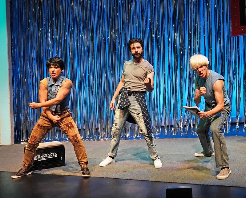 (L–R) Jenny Lee Stern, Chris Collins-Pisano, and Danny Hayward spoof other theater productions in "Forbidden Broadway: Merrily We Stole a Song." (Carol Rosegg)
