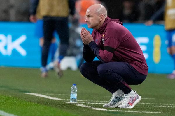 England interim manager Lee Carsley reacts during the Group F UEFA Nations League soccer match between England and Finland at Wembley Stadium in London on Sept. 10, 2024. (Frank Augstein/AP Photo)