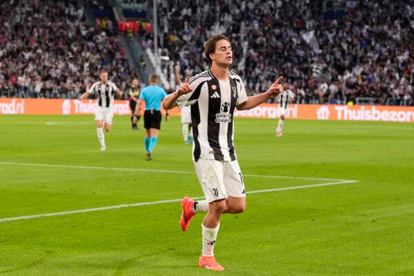 Juventus' Kenan Yildiz celebrates after scoring the opening goal during the Champions League opening phase soccer match between Juventus and PSV Eindhoven at the Juventus stadium in Turin, Italy, on Sept. 17, 2024. (Fabio Ferrari/LaPresse via AP)