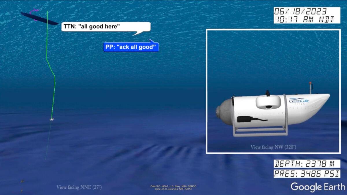 An illustration of the Titan submersible (R) is shown near the ocean floor of the Atlantic Ocean, as June 18, 2023 communications between the submersible and the support vessel Polar Prince, not shown, are represented at left, in a still from a video animation. (United States Coast Guard via AP)