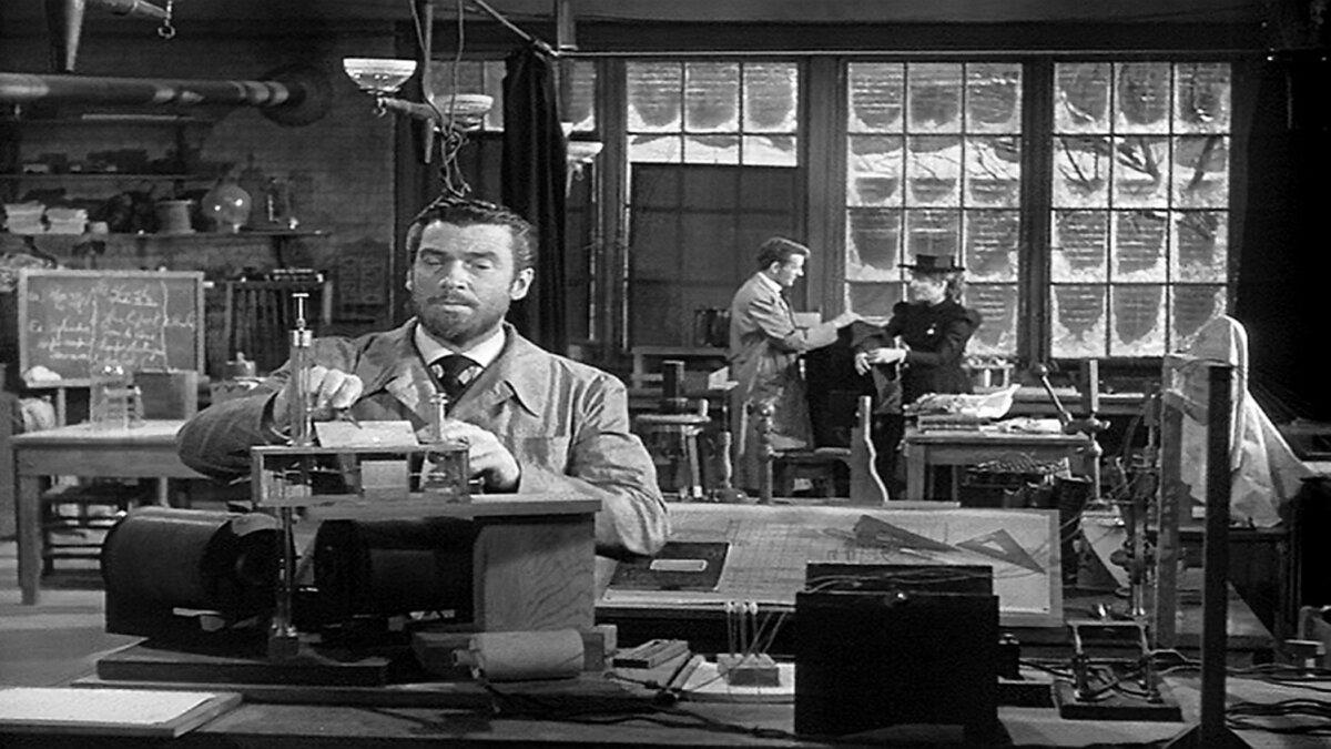 (L–R) Pierre Curie (Walter Pidgeon), David Le Gros (Robert Walker), and Marie Skłodowska (Greer Garson), in “Madame Curie.” (Metro-Goldwyn-Mayer)