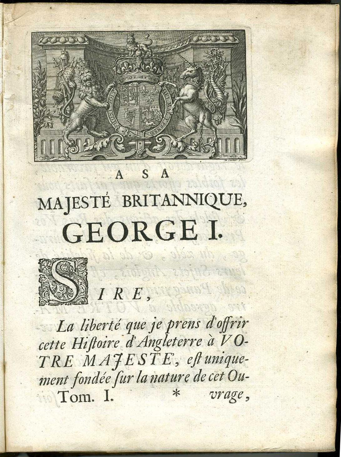 English Royal Dedication in Volume I of original French edition of de Rapin's "Histoire d'Angleterre" of 1724. (Public Domain)