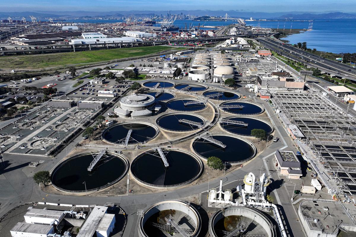 An aerial view of the East Bay Municipal Utility District Wastewater Treatment Plant in Oakland, Calif., on March 20, 2024. (Justin Sullivan/Getty Images)