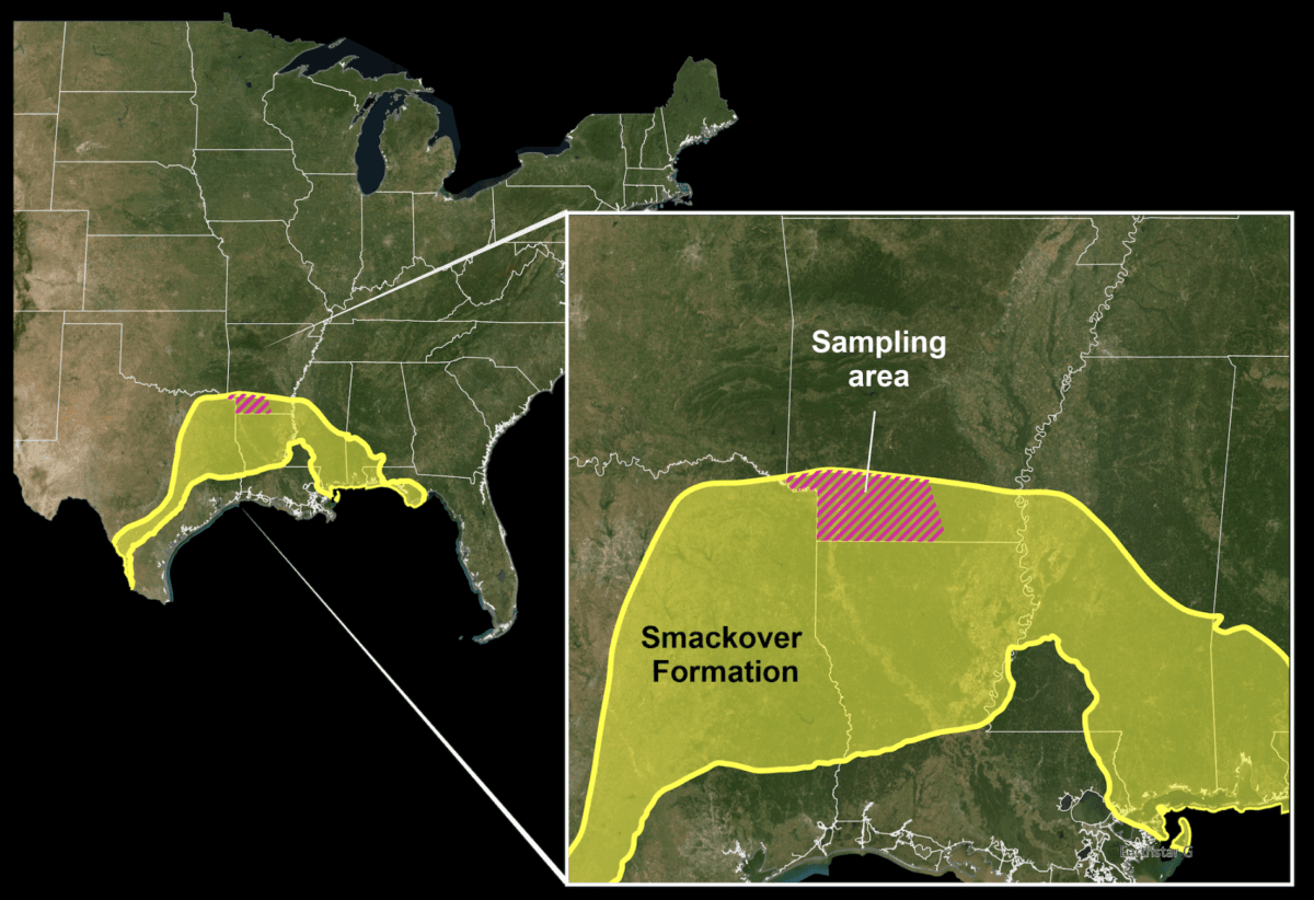 The Smackover Formation in southwest Arkansas, the area in the red-shaded sampling area within the inset, contains 5 million to 19 million metric tons of lithium, according to a study by the United States Geological Survey and Arkansas Department of Energy and Environment. (USGS)