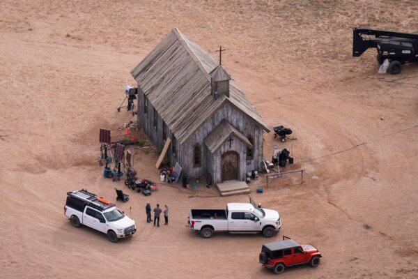This aerial photo shows the movie set of "Rust," at Bonanza Creek Ranch, in Santa Fe, N.M., on Oct. 23, 2021. (Jae C. Hong/AP Photo)