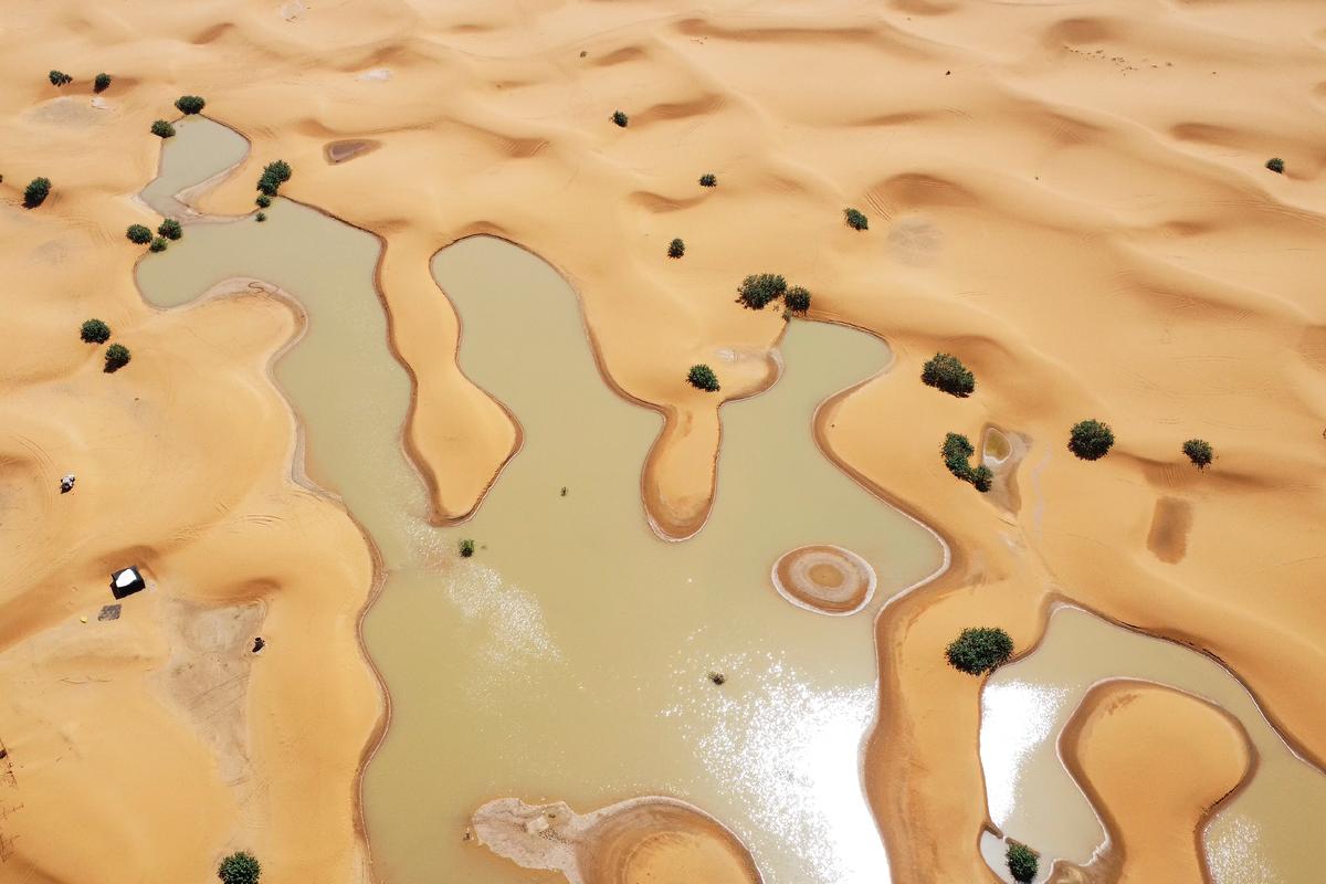 Water Gushes Through Sand Dunes After Rare Rainfall in Sahara Desert