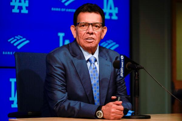 Former Los Angeles Dodgers pitcher Fernando Valenzuela speaks during a news conference ahead of his jersey retirement ceremony at a baseball game between the Dodgers and the Colorado Rockies in Los Angeles on Aug. 11, 2023. (Ryan Sun/AP Photo)