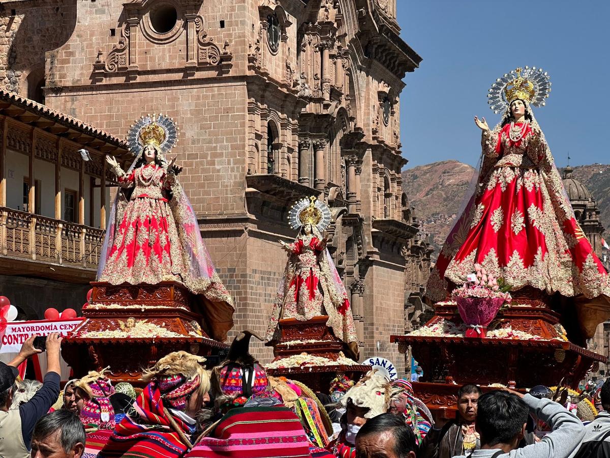 Icons are carried through the streets as part of the Santa Catalina procession in Cusco, Peru. (Teresa Bergen)