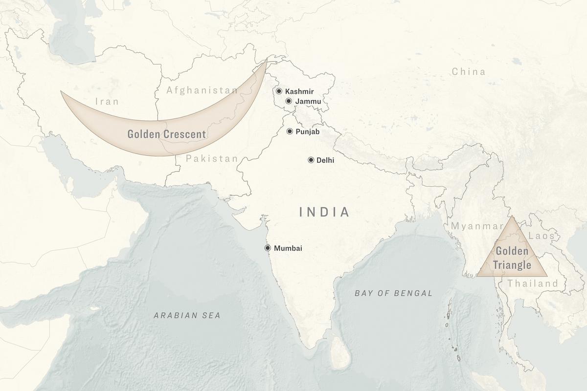 Drugs seized in Kashmir and Jammu usually originate in the Golden Crescent and are en route to Punjab, Delhi, or Mumbai. Their value exponentially rises as they travel from their origin to the Indian market through Kashmir and Jammu. According to Indian experts, terrorists operating in the region generate funding for their activities through this illegal supply chain. (Illustration by The Epoch Times)