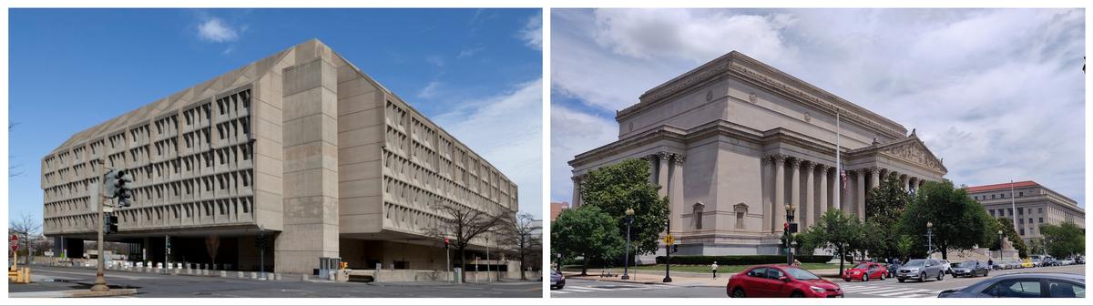 The brutalist, modern-style Hubert H. Humphrey building strikes a major architectural contrast to the traditional, neoclassical National Archives building. (Public Domain)