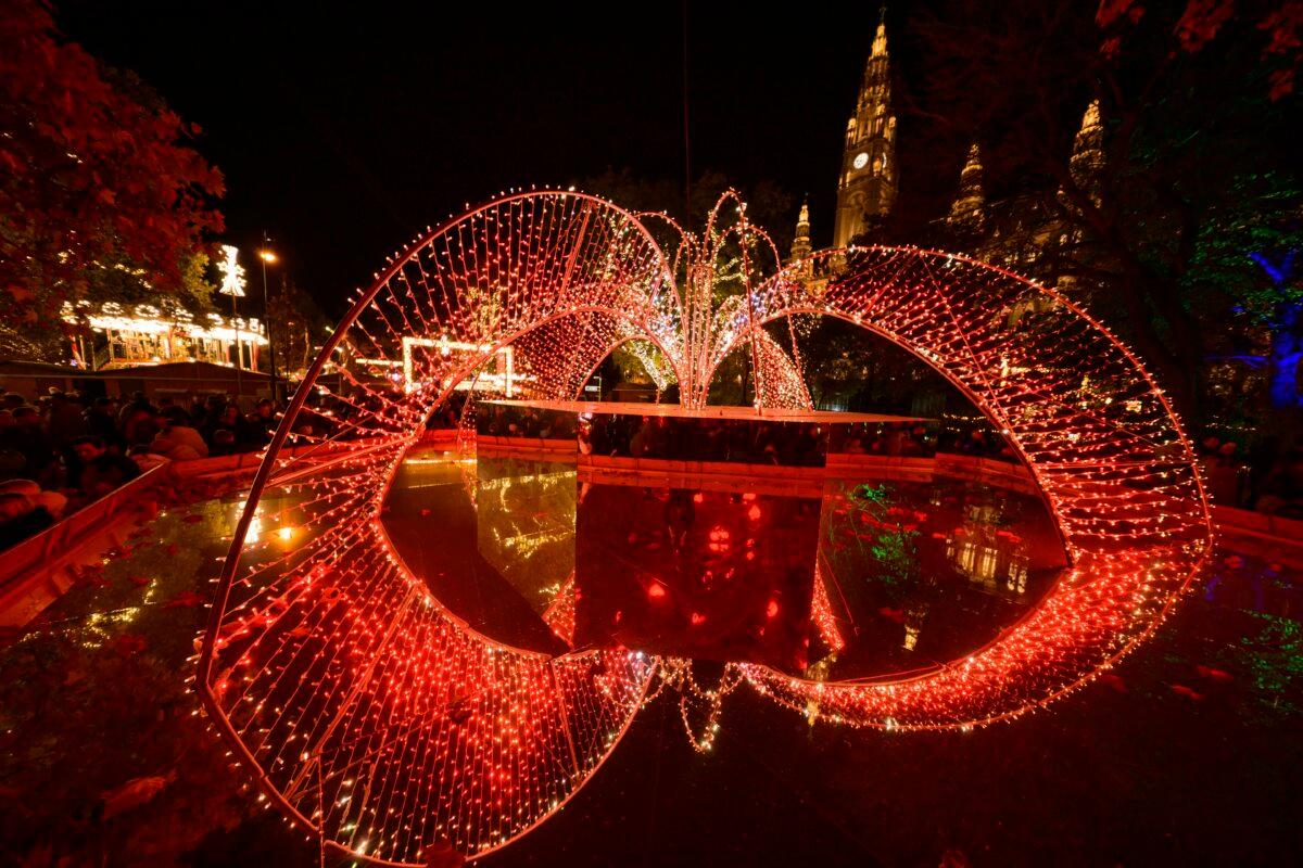 Illuminations of the Wiener Chritkindlmarkt in front of Vienna's city hall, one of Vienna's most popular Christmas markets, in Vienna, Austria, on Nov. 16, 2024. (Christian Bruna/AP Photo)