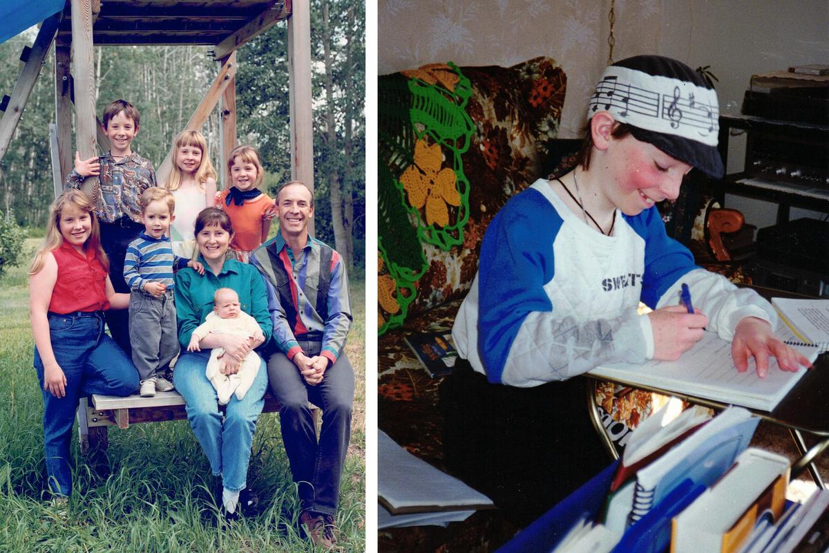 (Left) Simon Noster's parents and siblings on their rural homestead in east central Alberta in 1994; (Right) Simon Noster hits the books at home as a child in 1992. (Courtesy of Simon Noster)