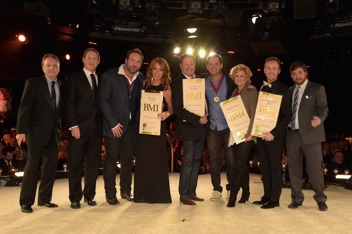 (L-R) Jody Williams of BMI, Clay Bradley of BMI, Lee Brice, Hannah Williams of Sony/ATV, Ed Williams of Sony/ATV, songwriter Jimmy Yeary, songwriter Connie Harrington, Rusty Gaston, and Tim Nichols accept an award for "I Drive Your Truck" onstage at the BMI 2014 Country Awards on Nov. 4, 2014 in Nashville, Tenn. (Rick Diamond/Getty Images)