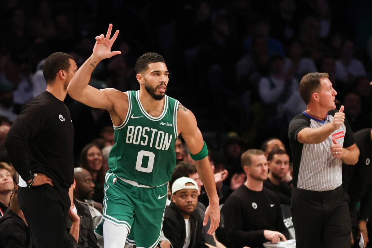 Boston Celtics' Jayson Tatum reacts after scoring a three-point basket against the Brooklyn Nets in New York on Nov. 13. (Heather Khalifa/AP Photo)