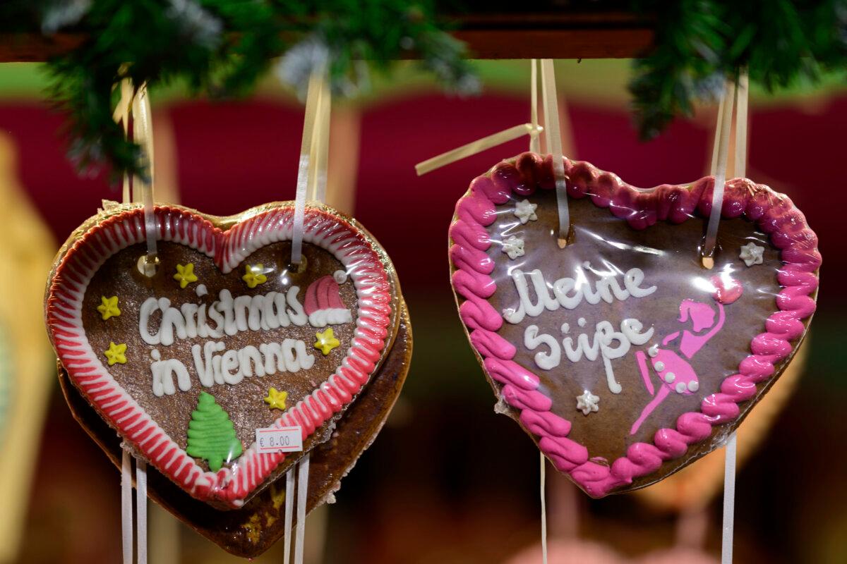 Gingerbread hearts displayed at the Wiener Chritkindlmarkt in front of Vienna's city hall, one of Vienna's most popular Christmas markets, in Vienna, Austria, on Nov. 16, 2024. (Christian Bruna/AP Photo)