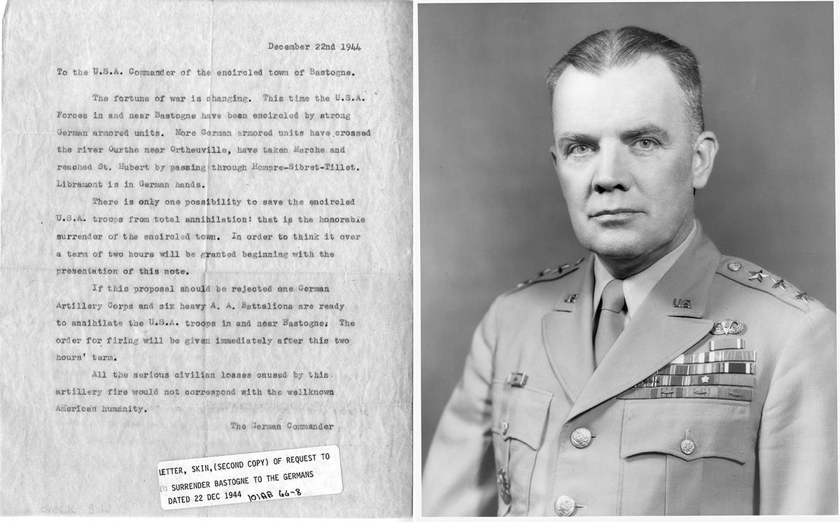 (Left) The German surrender demand was typewritten and presented to the American Commander in Bastogne on Dec. 22, 1944. (Right) A portrait of Anthony “Nuts” McAuliffe on Aug. 13, 1951. (U.S. Army)