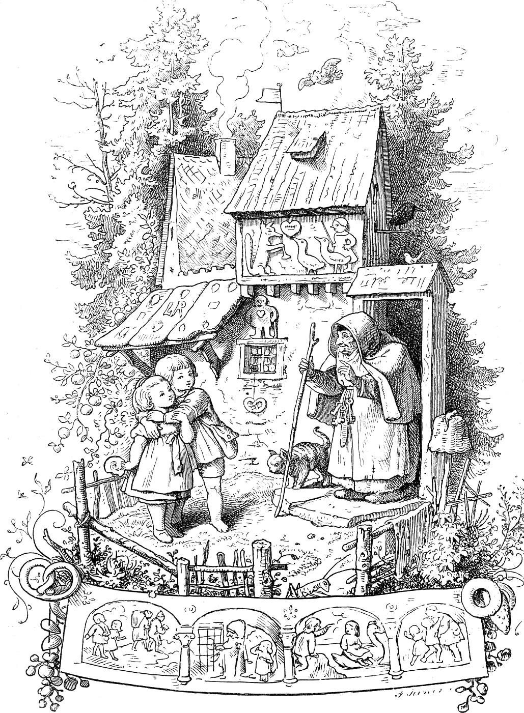 Hänsel and Gretel at the witch's house. Illustration by German artist Ludwig Richter, 1842. (Public Domain)