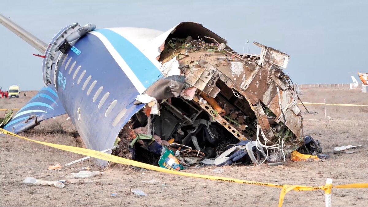 Wreckage of Azerbaijan Airlines Embraer 190 lies on the ground near the airport of Aktau, Kazakhstan, on Dec. 25, 2024. (The Administration of Mangystau Region via AP)