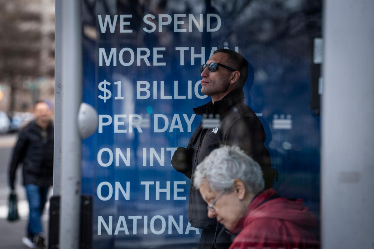 The national debt clock displayed at a bus station in Washington on Jan. 2, 2025. (Madalina Vasiliu/The Epoch Times)