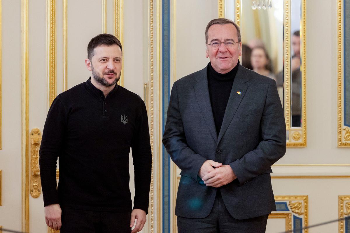 Ukraine's President Volodymyr Zelensky (L) and Germany's Defence Minister Boris Pistorius (R) pose for a photograph prior to their meeting in Kyiv on Jan. 14, 2025. (Tetiana Dzhafarova/AFP via Getty Images)