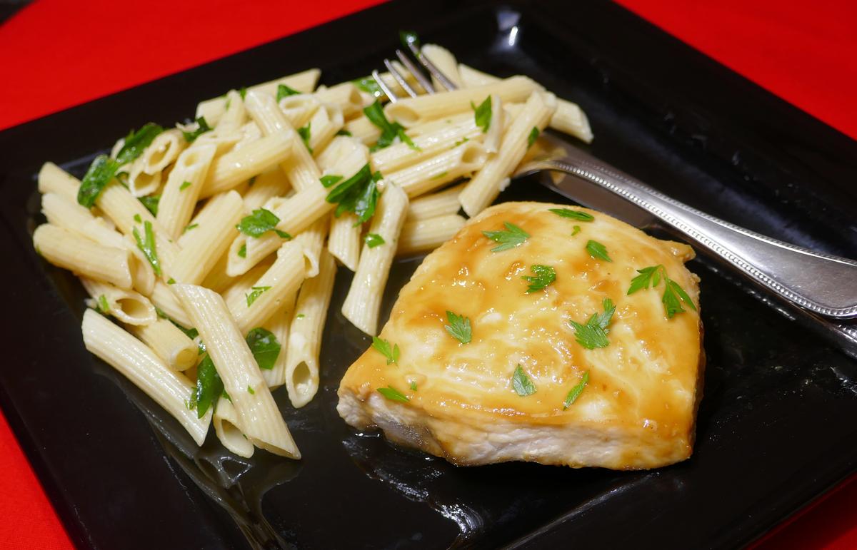 Easy Honey, Mustard, Soy Chicken, and Garlic Parsley Penne