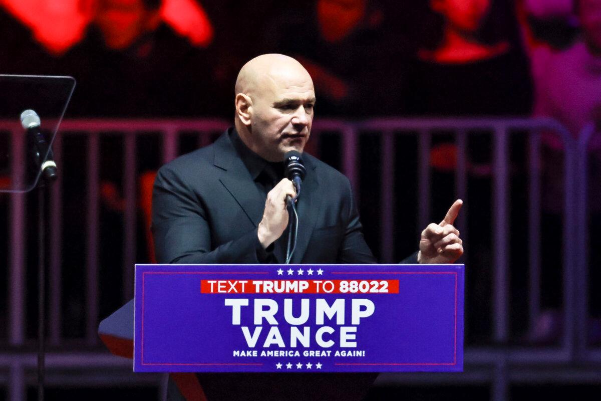 Ultimate Fighting Championship President Dana White speaks during the Make America Great Again Victory Rally at Capital One Arena in Washington on Jan. 19, 2025. (John Fredricks/The Epoch Times)