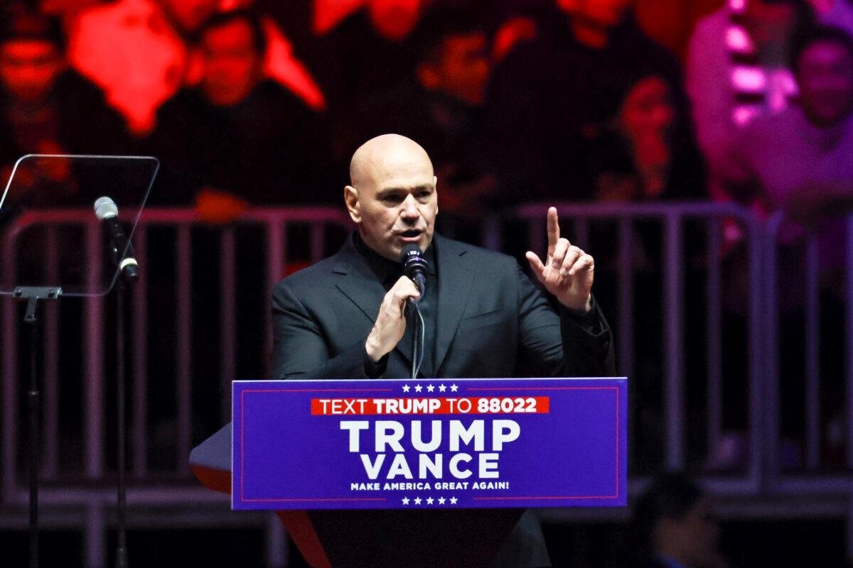 UFC president Dana White speaks during the Make America Great Again Victory Rally at Capital One Arena in Washington on Jan. 19, 2025. (John Fredricks/The Epoch Times)