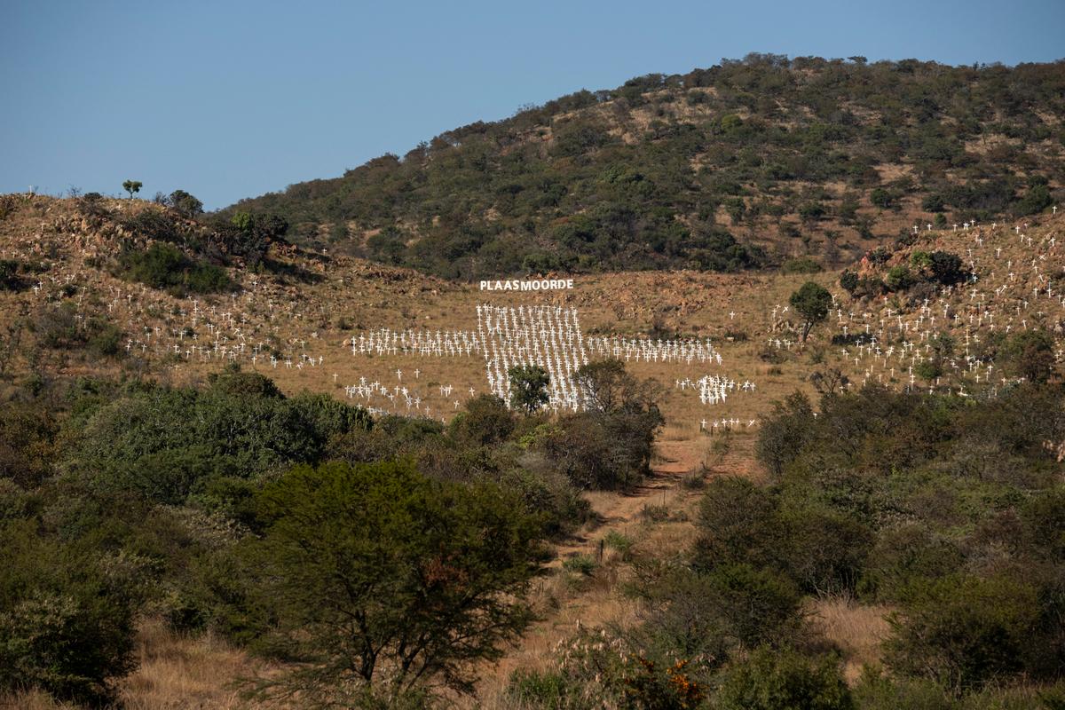 A general view of crosses planted on a hillside at the White Cross Monument, each one marking a white farmer who has been killed in a farm murder, in Ysterberg near Polokwane on May 26, 2024. (Emmanuel Croset/AFP via Getty Images)