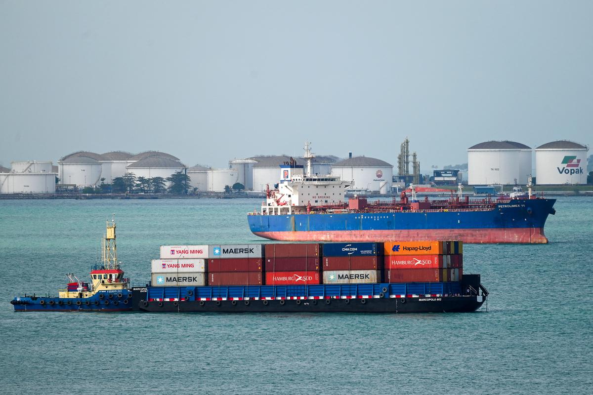 A view shows vessels parked near Vopak storage Sakra terminal on Jurong Island off Singapore on February 25, 2025. (Roslan Rahman/AFP via Getty Images)