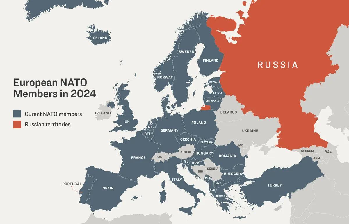 A map shows Europe after Finland and Sweden joined NATO, in 2024. (Illustration by The Epoch Times)