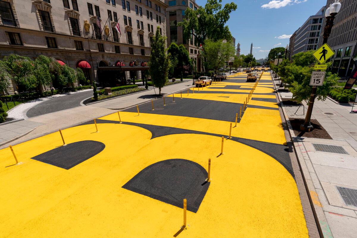 The letters at Black Lives Matter Plaza have been repainted after the street was repaved near the White House in Washington, May 13, 2021. (Andrew Harnik, file/AP Photo)