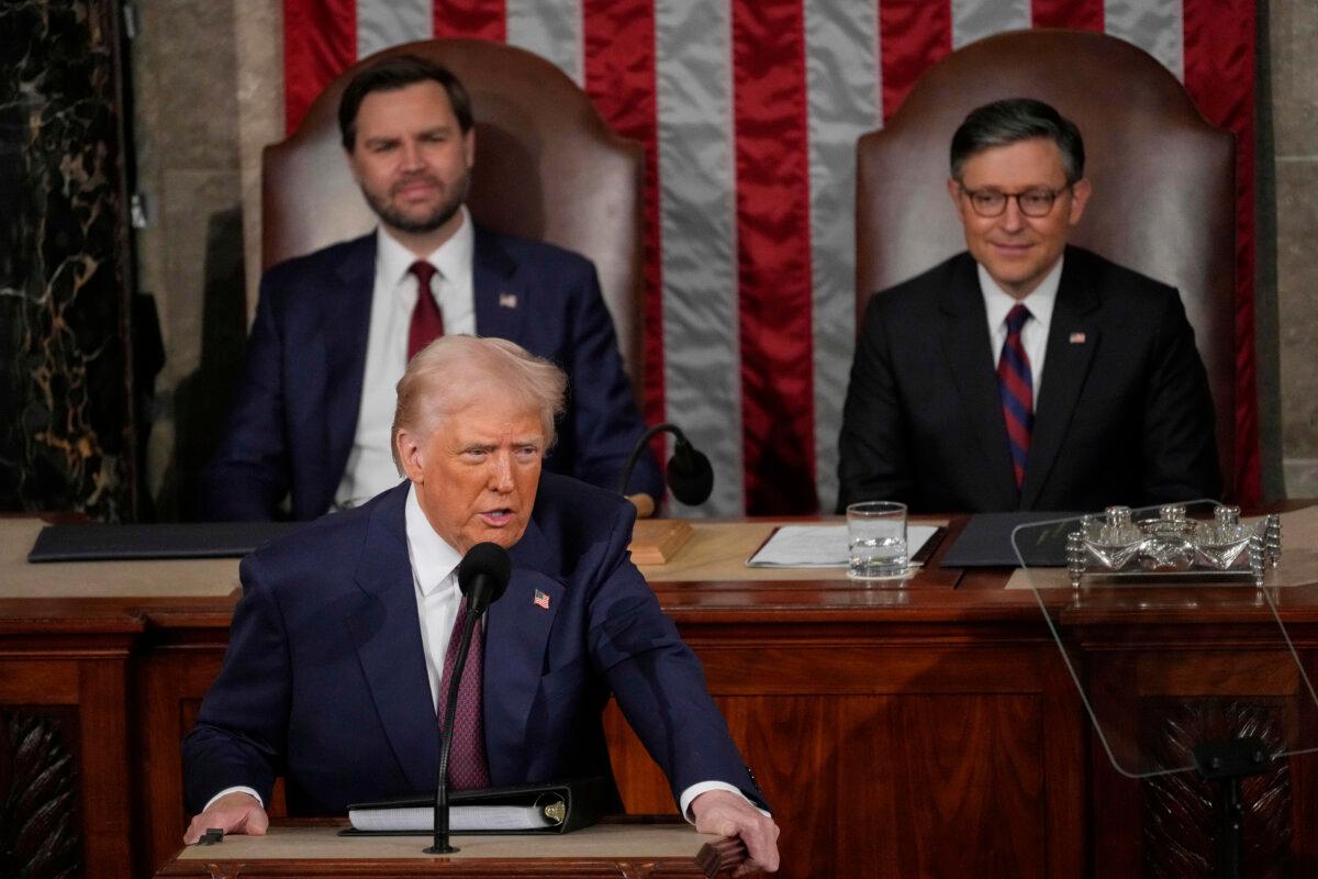 President Donald Trump talks about Greenland as he addresses a joint session of Congress in the House chamber at the U.S. Capitol, as Vice President JD Vance and House Speaker Mike Johnson listen, on March 4, 2025. (AP Photo/Julia Demaree Nikhinson)