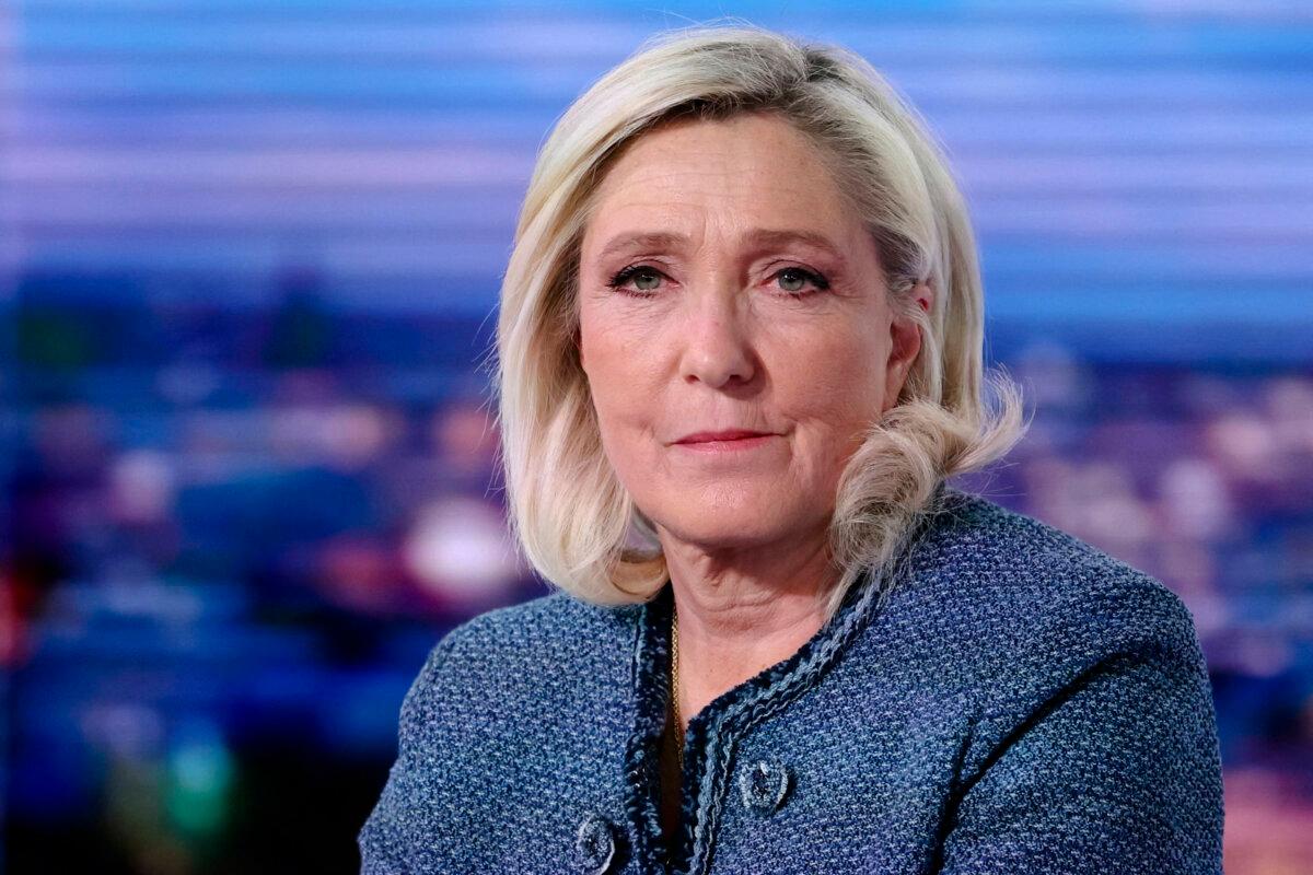 President of the Rassemblement National parliamentary group Marine Le Pen poses before an interview on the evening news broadcast of French TV channel TF1, in Boulogne-Billancourt, outside Paris, on March 31, 2025. (Thomas Samson/Pool/AFP via Getty Images)