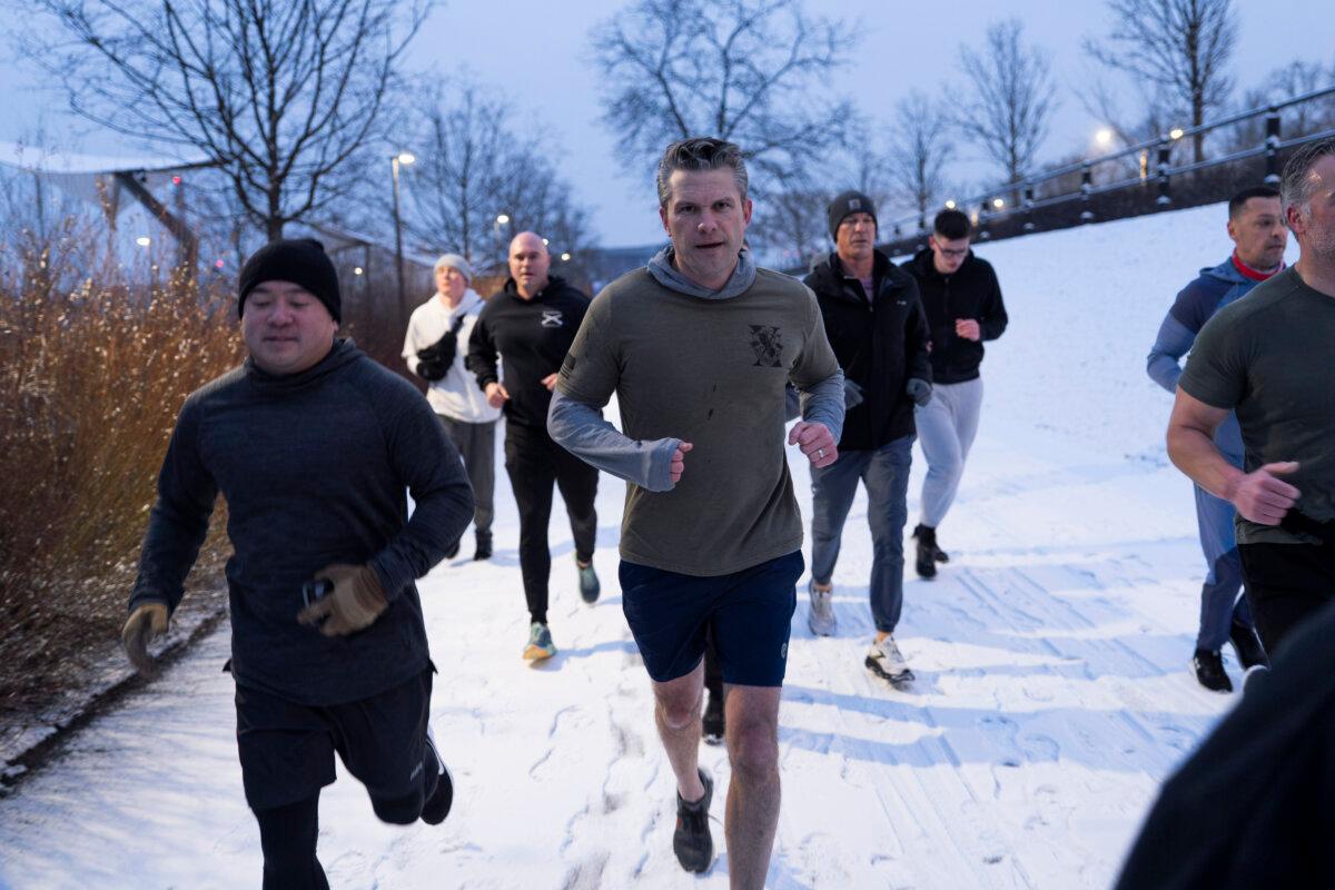 Secretary of Defense Pete Hegseth participates in a morning physical training session with troops stationed in Warsaw, Poland, on Feb. 14, 2025. (DoD photo by U.S. Navy Petty Officer 1st Class Alexander C. Kubitza)