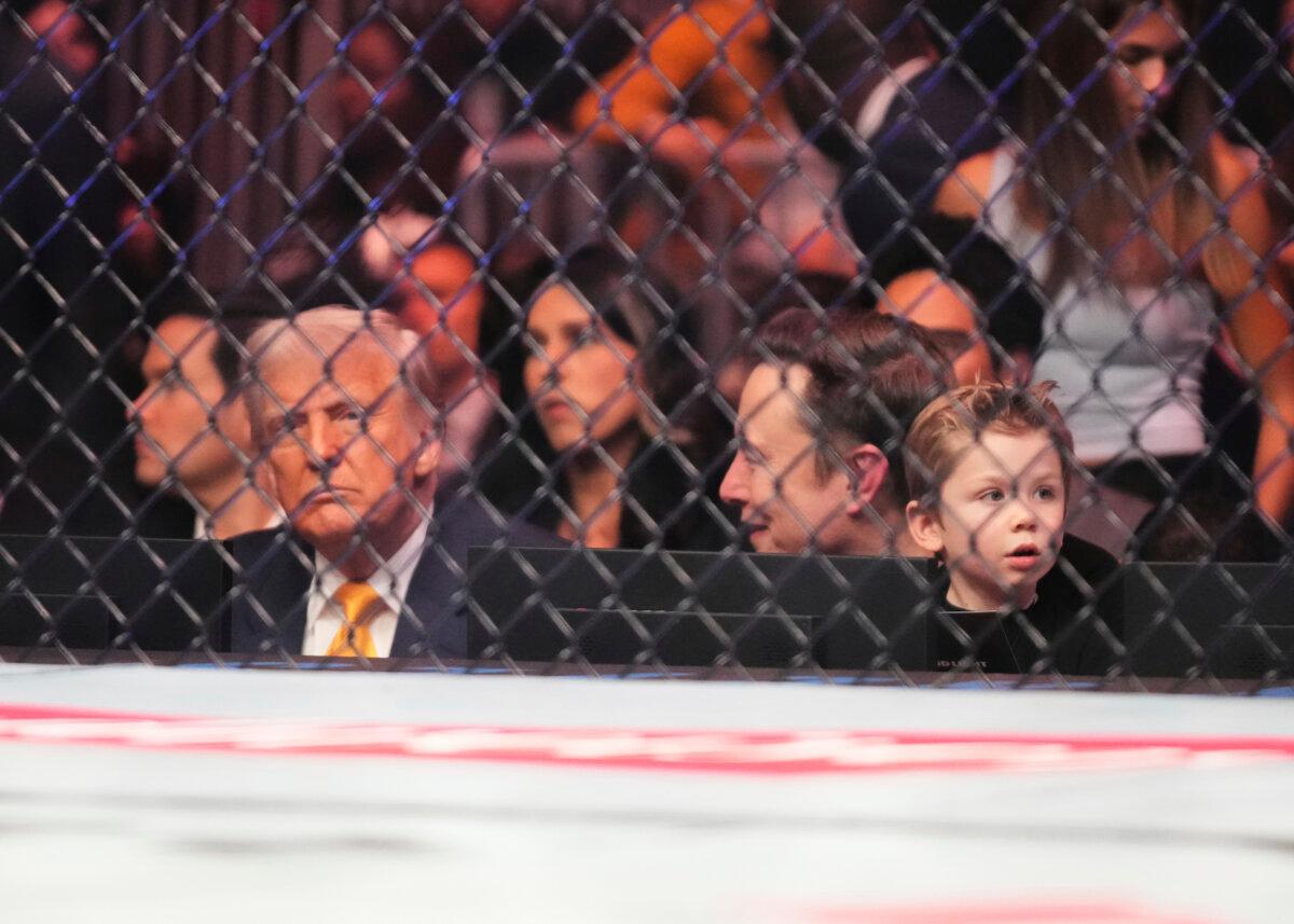 President Donald Trump, Elon Musk (C), and Musk's son X (R) attend a mixed martial arts fight at the Ultimate Fighting Championship 314 in Miami on April 12, 2025. (Lynne Sladky/AP)