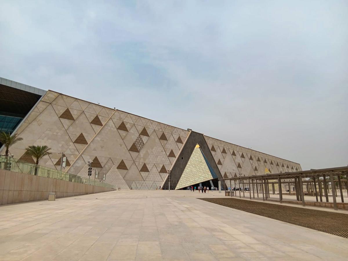 Outside the main entrance of the new Grand Egyptian Museum in Cairo on April 25, 2025. (Autumn Spredemann/The Epoch Times)